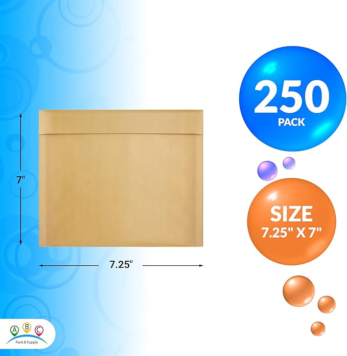 ABC PACK & SUPPLY Brown Kraft Bubble Mailer Envelopes, 7.25 x 7 Inches. 250 Pack Mail Padded Envelopes Self Seal. Kraft Bubble Mailers. Tear-Resistant Mailing Envelope Padded. Sturdy Paper Mailer