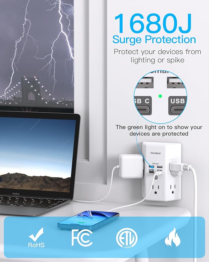 Surge Protector, 5 Outlets Extender with 4 USB Ports(USB C PD20W), 3-Side 1680J Power Strip Multi Plug Outlet Expander, USB Wall Charger, Outlet Splitter Adapter Wall Mount for Home Office(White)