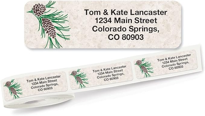 Pinecone Winter Holiday Rolled Personalized Return Address Mailing Labels with Dispenser, Set of 250, Small ¾ x 2½ Inch Size, Custom Self-Adhesive Sticker Roll, by Colorful Images