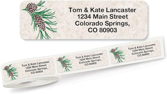 Pinecone Winter Holiday Rolled Personalized Return Address Mailing Labels with Dispenser, Set of 250, Small ¾ x 2½ Inch Size, Custom Self-Adhesive Sticker Roll, by Colorful Images