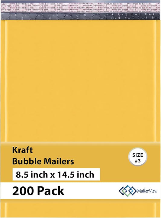 Kraft Bubble Mailers 8.5x14.5 inch #3 | Self Seal Padded Envelopes | Cushioned Bubble Mailer | Usable Size 8.5x13.5 | Lightweight mailing Shipping Bags | 200 Pack Bulk | Made in USA