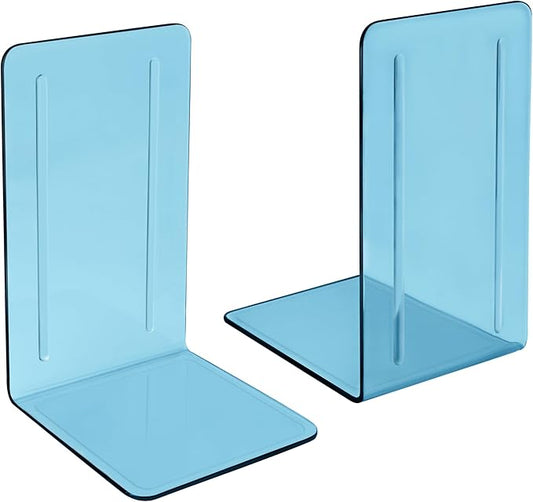 Acrimet Bookends 1 Pair, Clear Plastic Bookends for Shelves or Desktop, Book Holder for Home, Office, Library, School (Clear Blue Color)