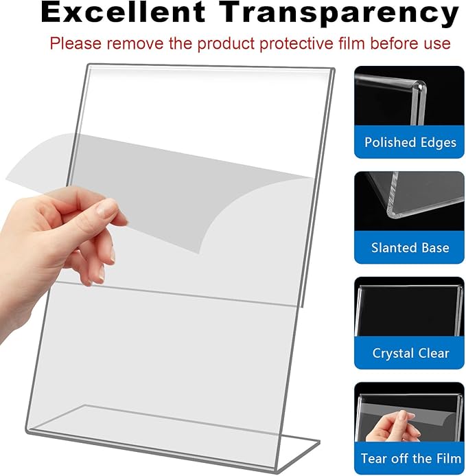 8 Pack Acrylic Sign Holder 8.5x11 inches, Plastic Clear Sign Holder with Vertical Slanted Back, Picture Photo Flyer Document Paper Frames Display Stand