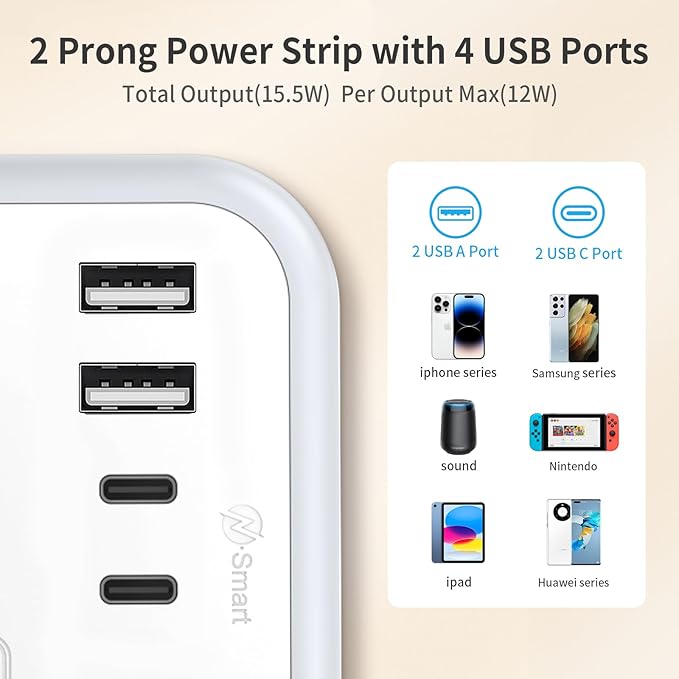 NTONPOWER 2 Prong Extension Cord 25 FT, 1080 Joules Surge Protector Power Strip with 6 Outlets 4 USB Ports(2 USB C), 1875W Three Prong to Two Prong Adapter, Rotating Flat Plug, Ideal for Old House