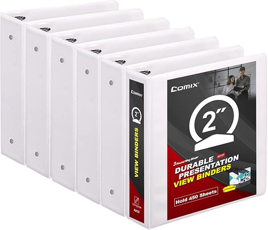 COMIX Sturdy 3 Ring Binder 2 inch with Clear View Cover, 2" Round Ring View Binder, PVC-Free, 450 Sheets Capacity of US Letter Size Paper, Office ＆ School Supplies, Pack of 6 (White)