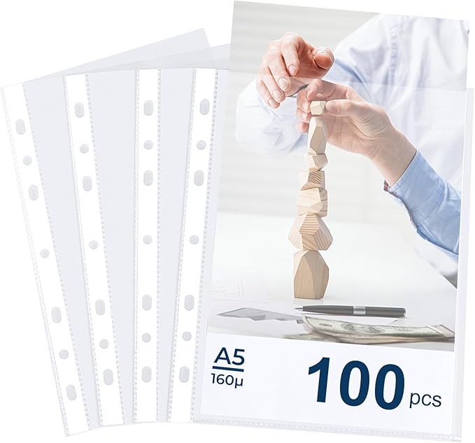 A5 Punched Pocket,100 Sheet Protector Binder Sleeves,160 Micron Plastic Folder Protectors,Strong Binder Pocket Paper File Letter 7 Hole Clear Page Protectors Plastic Cover for Paper,Documents,Photos