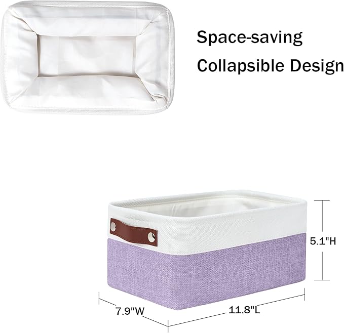 DULLEMELO Small Storage Baskets 6 Pack, Fabric Collapsible Gift Storage Baskets for Shelves, Closets, Nursery, Home, Office Organizing,Small Canvas Linen Rectangular Storage Bins (White&Purple)