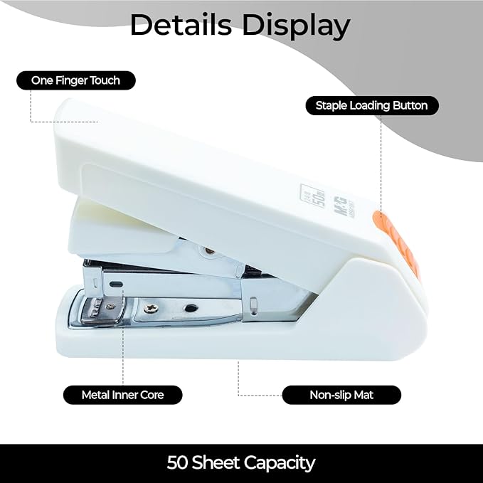 M&G Effortless Stapler 50 Sheet Capacity One-Touch Stapling, Heavy Duty Desktop Stapler Includes 1000 Staples and Remover, Portable Handheld Staplers for Home & Office (White)
