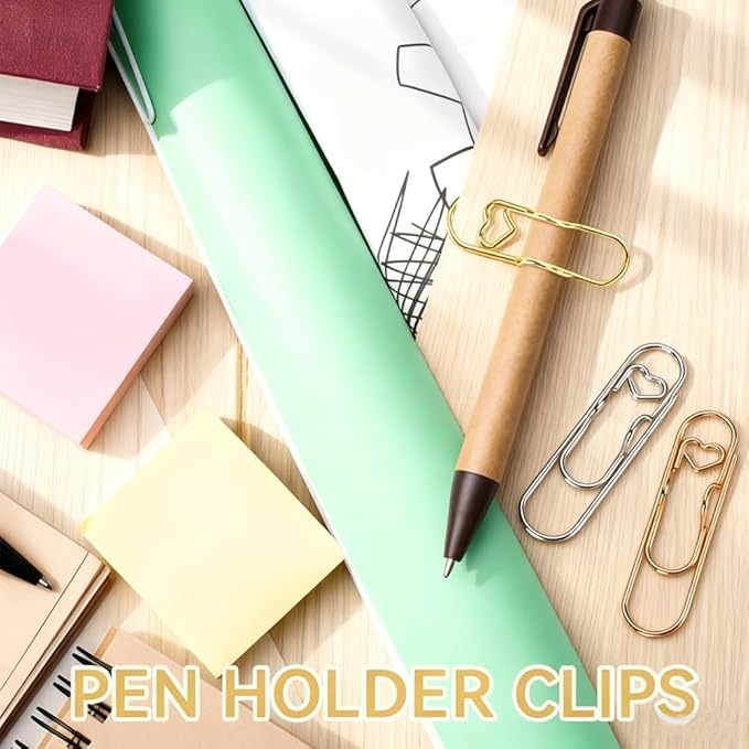 Heart Shaped Metal Pen Clip, Planner Writing Tool Holder, Thickened Carbon Steel, Not Deform/Discolor, for Notebooks Papers Journal Book Planner Jumbo Office Supplies (Gold 10 pcs)