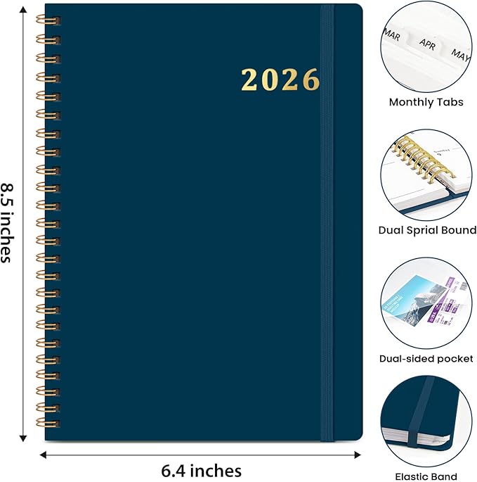 2026 Planner, Weekly and Monthly Calendar Planner Book, January 2026 - December 2026, Hardcover Spiral Planner with Monthly Tabs, Notes Pages, Perfect for Women & Men, A5 (6.4" x 8.5") - Navy
