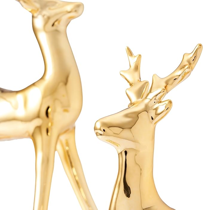 WDS WONDROUS Christmas Decorations Reindeer Figurines, Gold Set of 2 Ceramic Reindeer Statues Xmas Decor Indoor, Christmas Deer Figurines, Deer Decor for Tabletop Home Bedroom Winter Living Room
