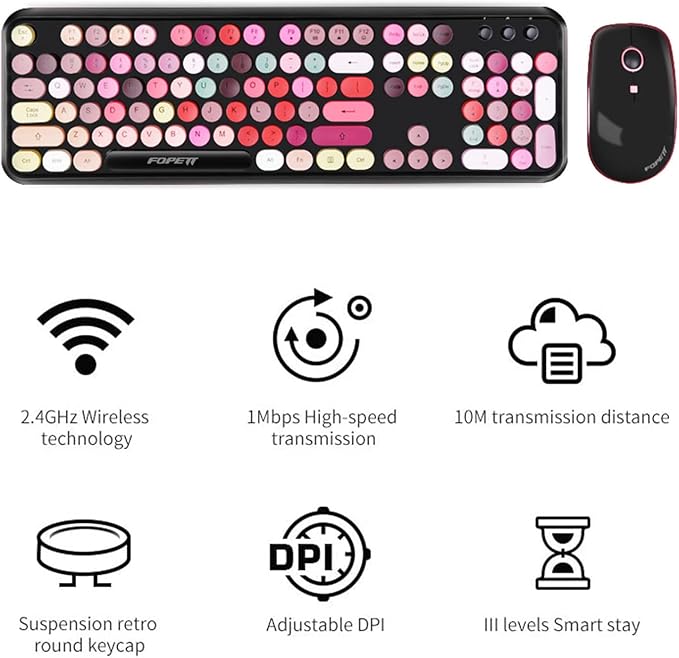 Wireless Keyboard and Mouse Combo, 2.4 GHz Full-Sized Typewriter Keyboard and Mouse Wireless with Round Keycaps for Windows, Computer, Desktop, PC, Laptop (New BlackColorful)