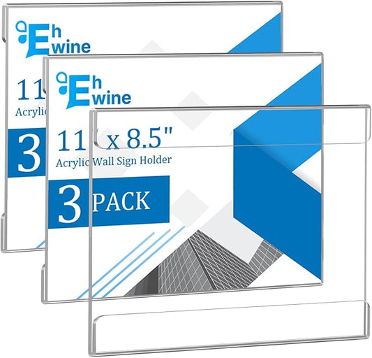 EHWINE 3 Pack 8.5 x 11 Wall Mount Acrylic Sign Holder, Horizontal Wall Signs Photo Menu Flyer Display Holders, Plastic Clear Acrylic Frames for Office Home Hotel Business Store (with Adhesive Tape)
