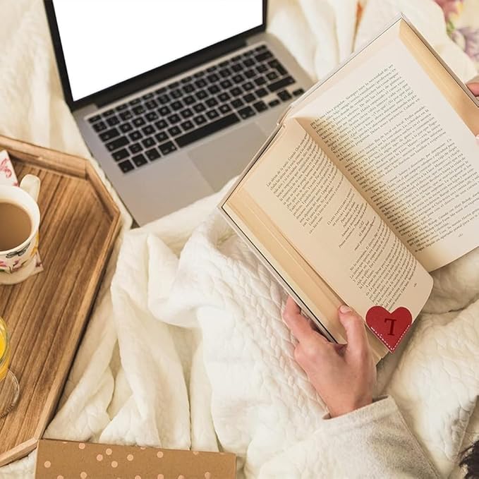 Personalized Leather Heart Bookmark, 26 Letters Customized Corner Book Mark for Reading, Book Holder Markers with Initials Page Book Accessories Cute Gifts (Black+White+Dark Brown+Red,J)