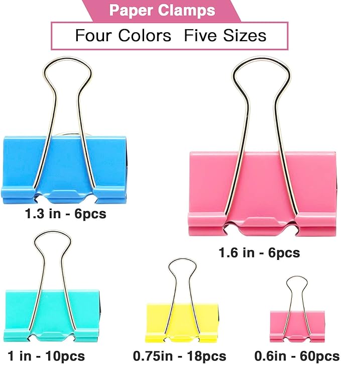 Binder Clips, 100PCS Large Binder Clip Assorted Sizes, Medium Small Binder Clips for Paperwork, Bulldog, Office Clips, Paper Clamps, Colorful Binder Clip Set for Office and School Supplies
