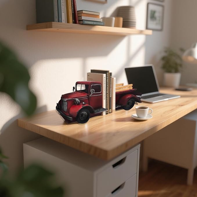 Decorative Book Ends Vintage Bookends: Metal Truck Book Stopper for Heavy Books - Farmhouse Decor for Shelf Table Coffee Bar Office Home - Gift for Adults Men Teen (Vintage Red)