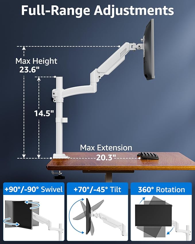 Single Monitor Arm Holds 4.4-22lbs, Monitor Stand for Desk, Height Adjustable Monitors Mount for 32 27 24 22inch, Full-Motion Monitors Desk Mount with C-Clamp＆Grommet Base, Freelift White