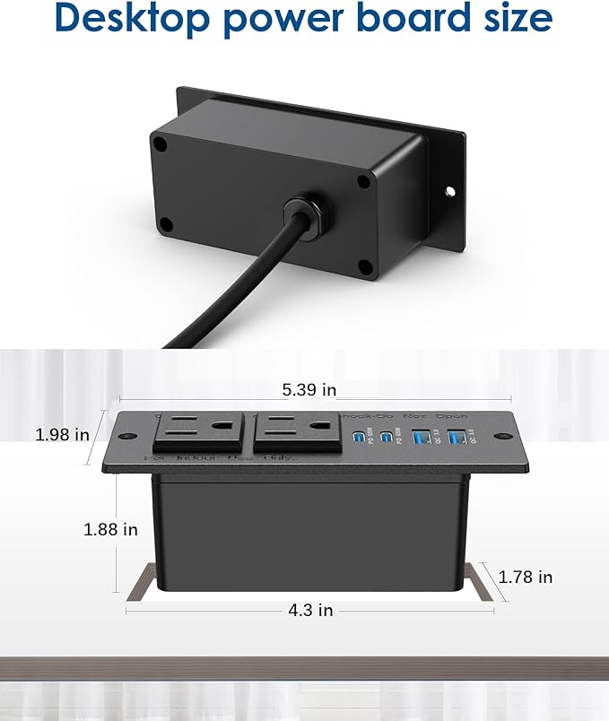 Recessed Power Strip Fast Charging Station 2 PD 65W USB C, Flush Mount Countertop Drawer Outlet, Furniture Hidden Charging Station for Side Table, End Table,2 AC Outlets (Black, 6 FT Cable)