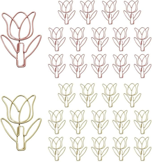 OWLFAVO 30pcs Tulip Flower Shape Paper Clips with Clear Box, Rose Gold and Yellow Gold, Funny Cute Paperclips Bookmarks Planner Clips for Fun Office Supplies School Gifts Wedding Decoration