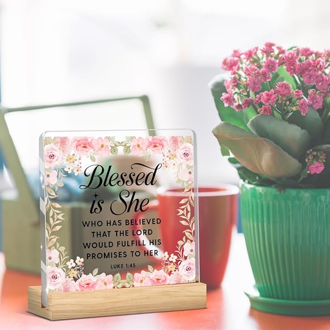 Pink Religious Gifts Christian Decor Inspirational Bible Verses Sign Scripture Acrylic Sign Plaque Table Decorations for Home Office Bedroom