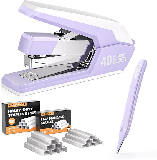 Effortless Stapler for Desk with 40-50 Sheet Capacity, 2000 Staples, 1-Touch Stapling, Ergonomic & Easy to Load Desktop Staplers, Heavy Duty Stapler, and Magnetic Staple Remover, Purple