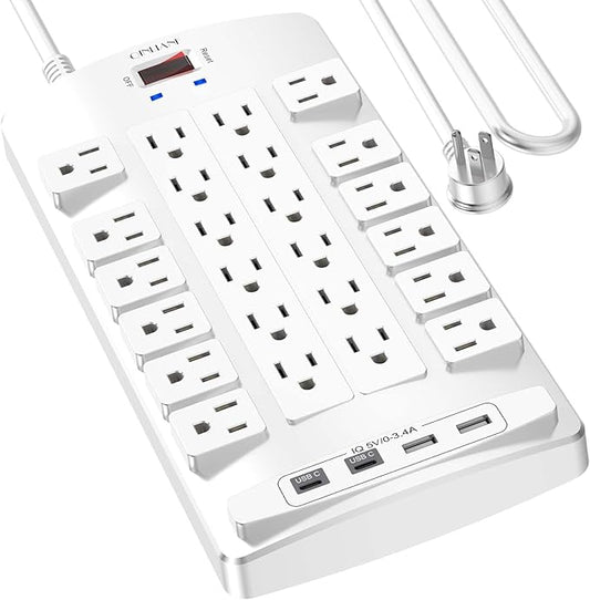 QINLIANF Surge Protector Power Strip - 10Ft Flat Plug Heavy Duty Extension Cord with 24 Outlets and 4 USB Ports(2 USB-C Ports), 1875W/15A, 4100J, for Home, Office, Dorm, ETL Listed, White