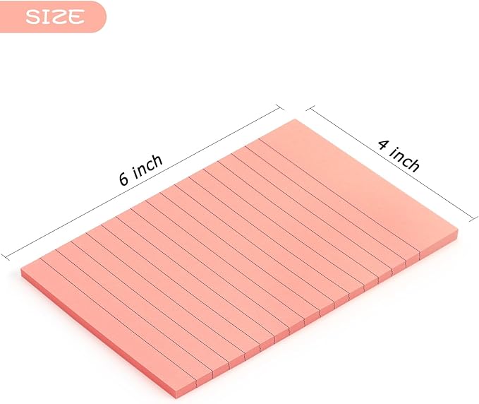 Early Buy 6 Pads Lined Sticky Notes with Lines 4x6 Self-Stick Notes Bright Color Sticky Notes, 45 Sheets/Pad (Pink)