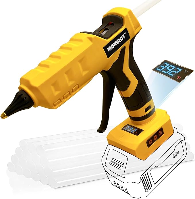 MONVICT Cordless Glue Gun for Dewalt 20V Battery, Upgraded 100W Digital Temperature Adjustable Handheld Electric Power Full Size Heavy Duty Hot Glue Gun with 10 Glue Sticks (Battery Not Included)