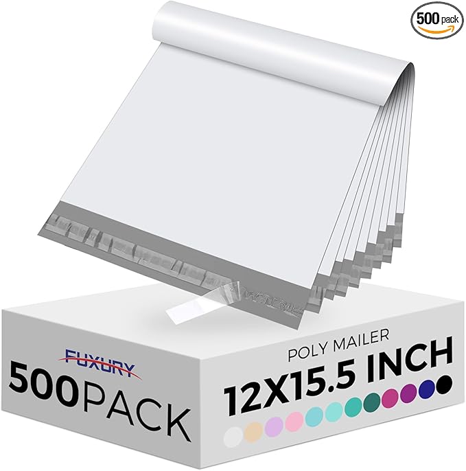 Fuxury 500 Pcs Poly Mailers 12x15.5 Inch, Bulk Shipping Bags for Clothing, Strong Adhesive Shipping Envelopes for Small Business Suppliers,Waterproof Mailers Poly Bags Mailing Envelopes White
