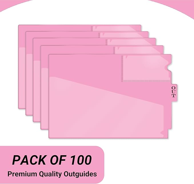 Doctor Stuff - Center Tab Vinyl Out Guides, Diagonal Cut Front Pocket, Top Charge Out Slip Pocket, Plastic File Folder, Letter Size 9" x 13-1/4", Pink, 100/Box