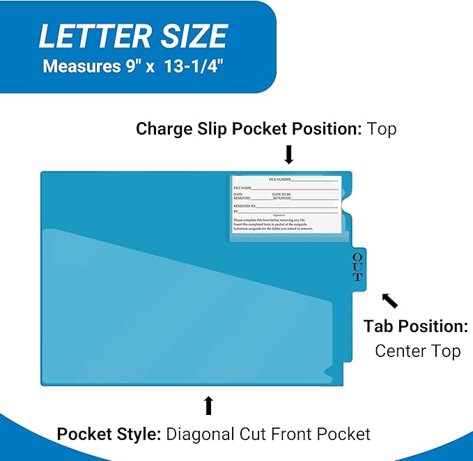 Doctor Stuff - Center Tab Vinyl Outguides, Diagonal Cut Front Pocket, Top Charge Out Slip Pocket, Plastic File Folder, Letter Size 9" x 13-1/4", Light Blue, 50/Box