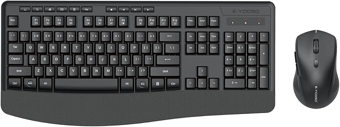 Wireless Keyboard and Mouse Combo, E-YOOSO 2.4GHz Full Sized Ergonomic Wireless Keyboard with Wrist Rest, 3 DPI Adjustable and 6 Buttons Cordless USB Mouse for Computer, Laptop, PC, Windows (Black)