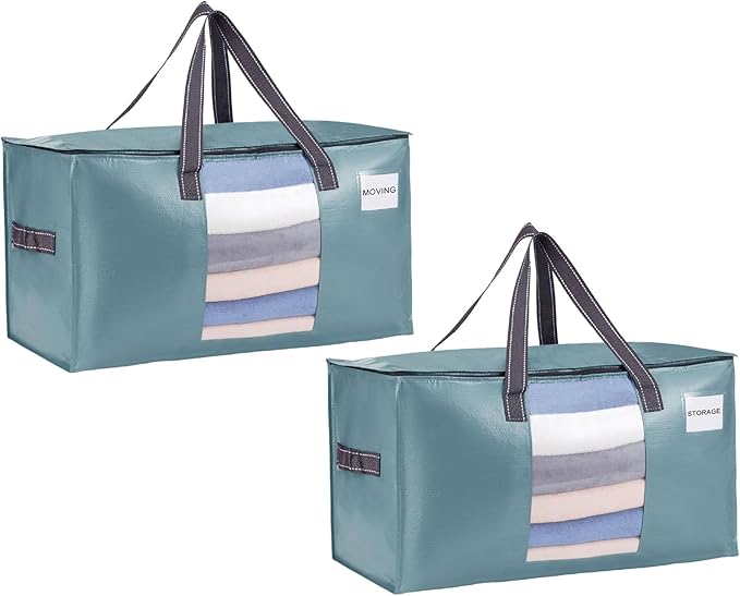 VENO 2 Pack Moving Bags, Comforter and Blanket Storage Bags for Closet, Moving Boxes, Boxes with Lids Alternative, College Dorm Packing Supplies, Foldable Heavy-Duty Tote (Shiny Light Blue, 2 Pack)