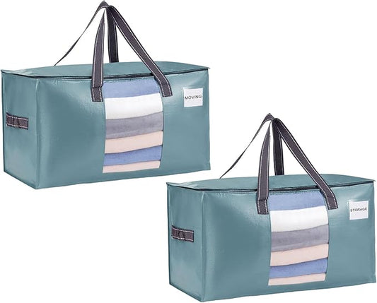 VENO 2 Pack Moving Bags, Comforter and Blanket Storage Bags for Closet, Moving Boxes, Boxes with Lids Alternative, College Dorm Packing Supplies, Foldable Heavy-Duty Tote (Shiny Light Blue, 2 Pack)