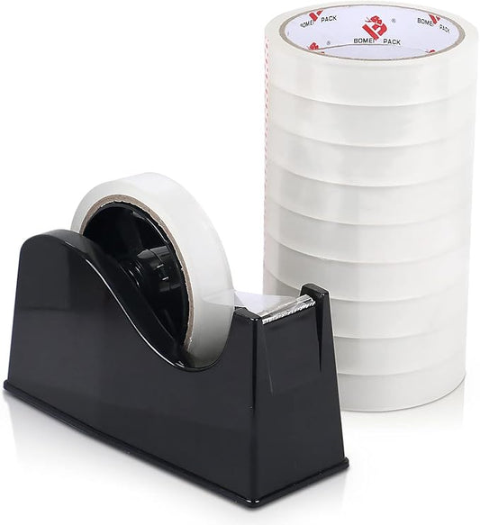 BOMEI PACK Desktop Tape Dispenser (Fits 1" & 3" Core) with Transparent Tape Refills, Clear Tape with Black Tape Holder,Weighted Non Slip Base, for Masking Tape,Heat Resistant Tape