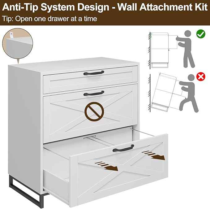 Vabches Lateral File Cabinet, Modern Farmhouse File Cabinet with 3 Drawers for Legal/Letter/A4 Size Hanging Files, Printer Stand Large Wood Home Office, Office White