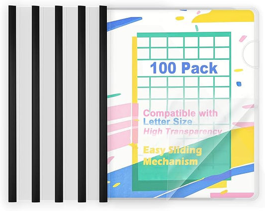 TOTiyea 100 Pack Letter Size Clear Report Covers with Sliding Bars, 5mm (25 Sheet Capacity) Sliding Bar File Folders, Black