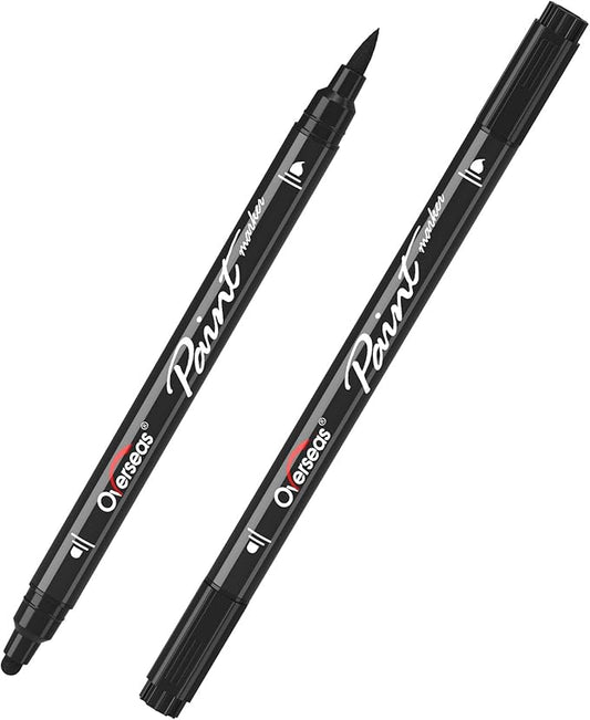 Overseas Black Acrylic Paint Markers, 2 Pack Dual Tip Paint Pens Acrylic Markers with Dot and Brush Tip, Coloring Marker for Wood, Rock, Canvas, Glass, Metal, Ceramic, Plastic, Fabric, School Supplies