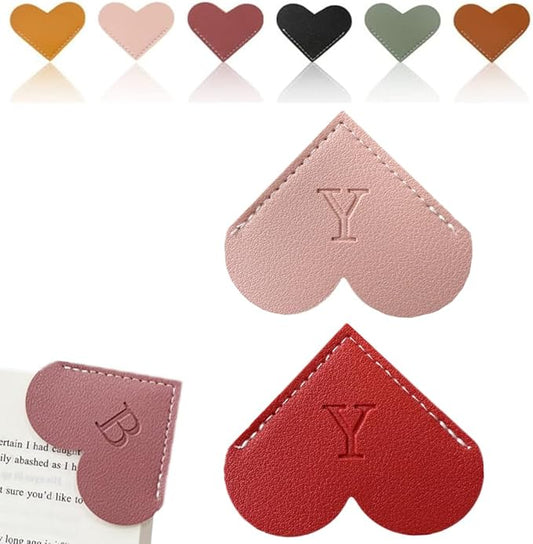 Personalized Leather Heart Bookmark, 26 Letters Customized Corner Book Mark for Reading Women, Book Marker with Initials，Cute Gifts (Red+Light Pink, Y)