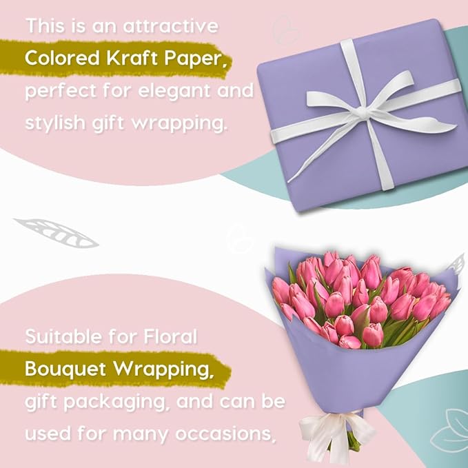 PerkHomy 48" x 2,400" (200') Light Purple Kraft Paper Roll for Craft Bulletin Board Paper Art Table Covering Crafting Gift Wrapping Bouquet Packing Parcel 80GSM 55LB (Light Purple, 48" x 200')