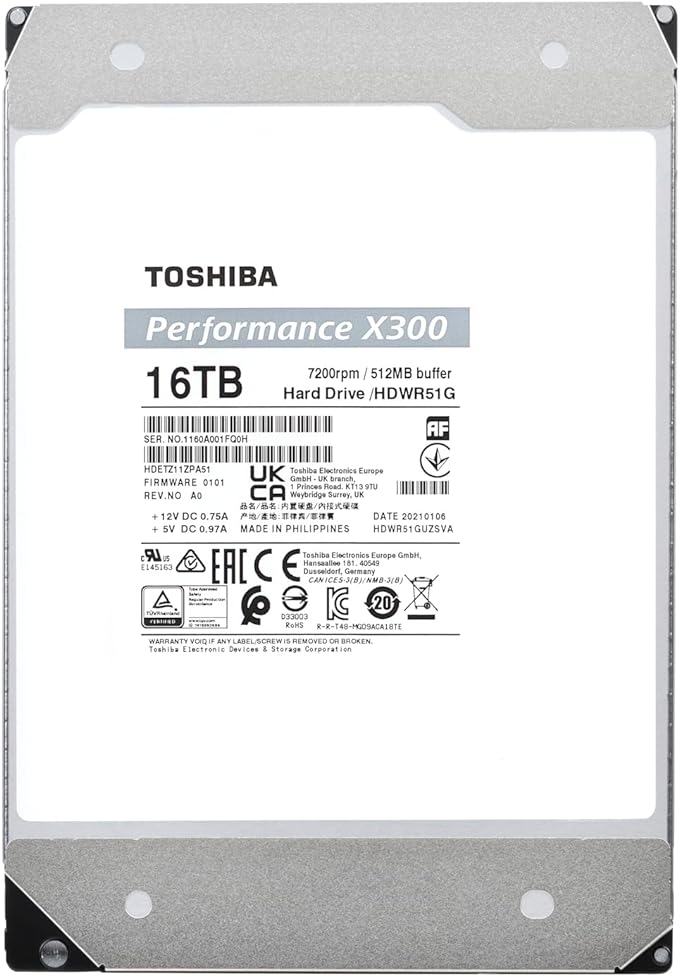 Toshiba X300 16TB Performance & Gaming 3.5-Inch Internal Hard Drive – CMR SATA 6 GB/s 7200 RPM 512 MB Cache - HDWR51GXZSTA