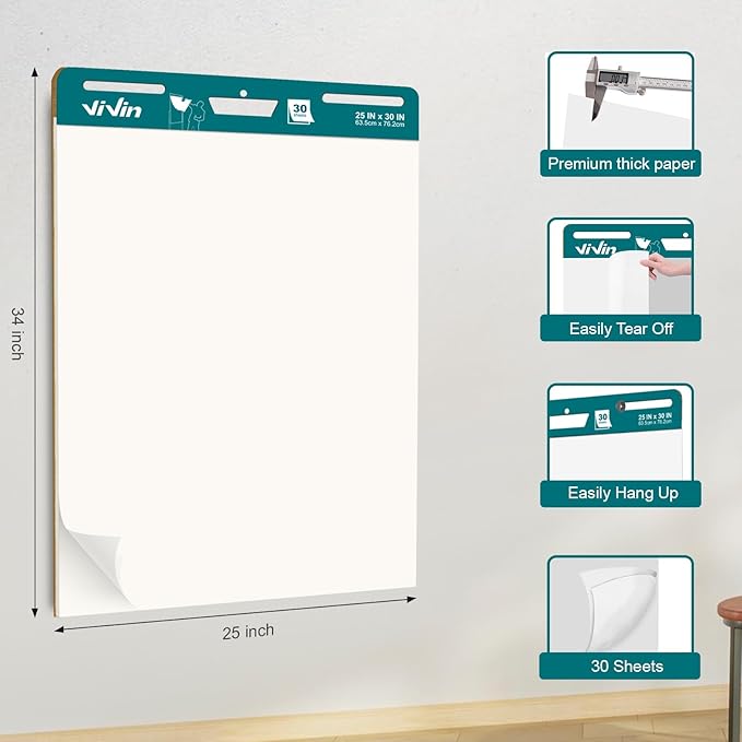 ViVin Super Sticky Easel Pad, 25 x 30 Inches Flip Chart Paper for Teachers, Large Self Stick Easel Paper, Teacher Anchor Chart, 30 Sheets/Pad, 10 Pads/Pack