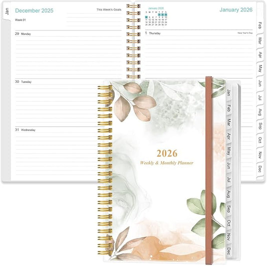 2026 Planner - A5 Weekly & Monthly Planner Spiral Bound, January 2026 - December 2026, with Flexible Cover, Tabs, Inner Pocket, 6.4" x 8.5", Rose Leaf