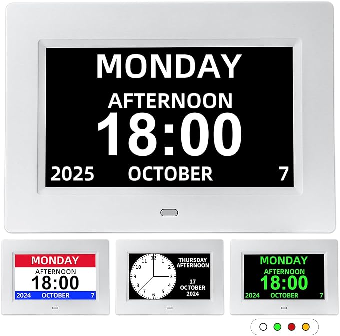 Digital Calendar Alarm Clock for Seniors, Electric Large Display with Date Day of Week Time Clock, 12 Custom Alarms, Auto-Dimming, Medication Reminder, Dementia-Friendly Design
