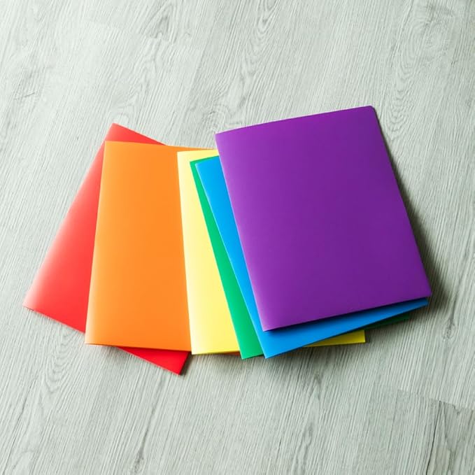 JAM PAPER Heavy Duty Plastic 2 Pocket Extra Tough School Folders - Assorted Primary Colors - Bulk 48 Folders/Box (8 Assorted Packs of 6)