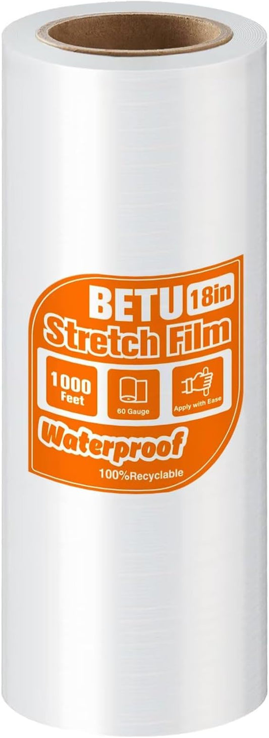 BETU Plastic Wrap Stretch Film for Moving Supplies 18inch X 1000ft, Shrink Wrap Stretch Roll Industrial for Furniture Wrapping Shipping Pallet Moving Boxes Storage with Handles, 1 Pack, Clear