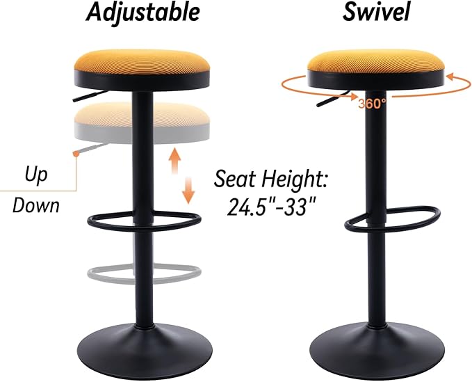 Round Swivel Counter Height Bar Stools Set of 4 Modern Adjustable Barstools Backless Corduroy Bar Chairs Industrial Island Chairs with Metal Base/Footrest for Kitchen Island/Pub/Bar, Yellow