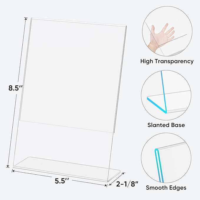 TICONN 5.5 x 8.5 Acrylic Sign Holder, L Shape Clear Sign Stand for Displaying, Plastic Paper Holder for Office, Store, Restaurant (Vertical 6 Pack)