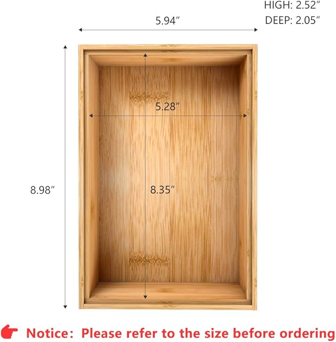 Bamboo Kitchen Drawer Organizer,Stackable Silverware Tray Utensil Organizer Cutlery Holder for Kitchen,Wooden Storage Box for Bathroom, Multi-Use Storage Bins Boxs Dividers for Office(9x6x2.5 inch）