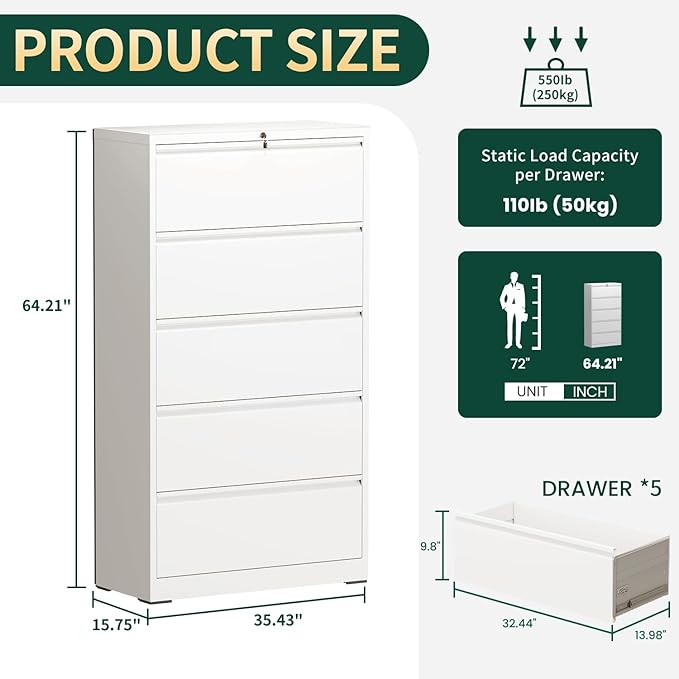 5 Drawer Lateral File Cabinet with Lock, File Cabinets for Home Office Legal/Letter A4 Size, File Cabinet Storage Cabinet, Require Assembly, White